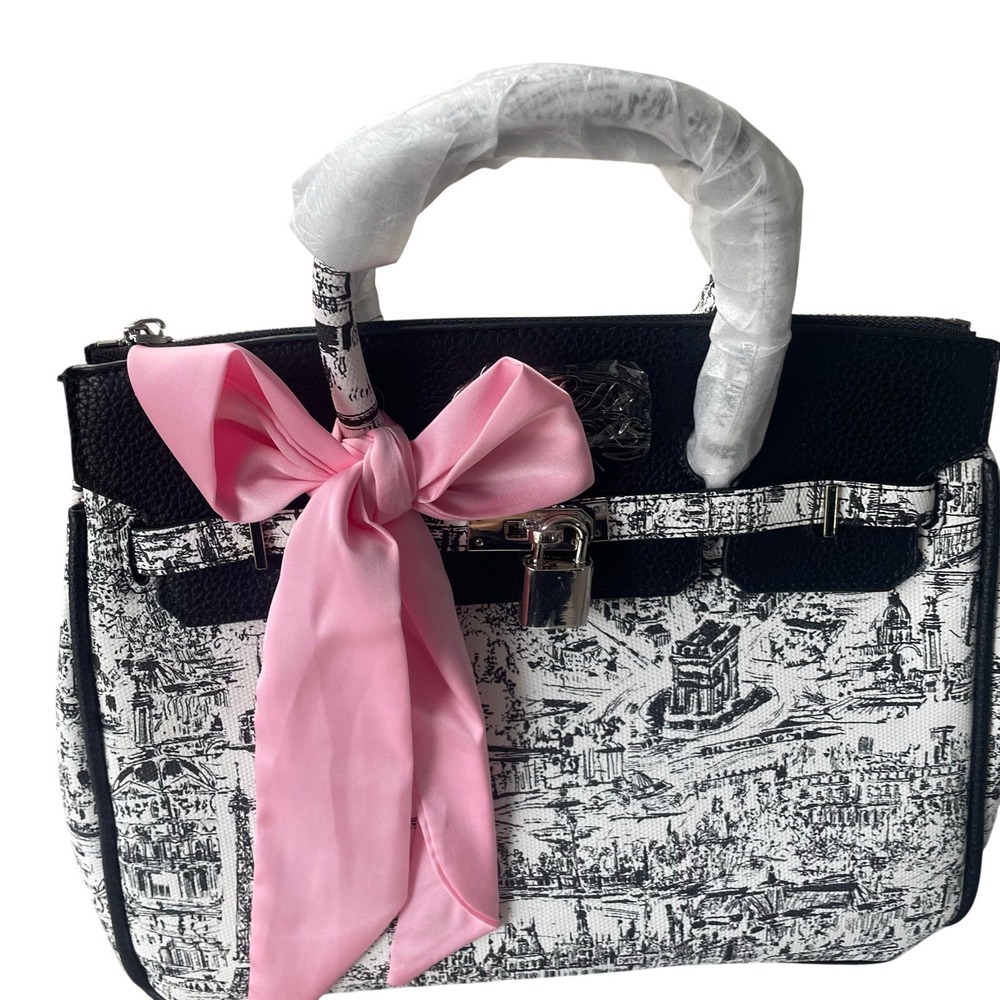 Cose Belle Impressions Parisian Toile Satchel Bag Pink Bow Black White New